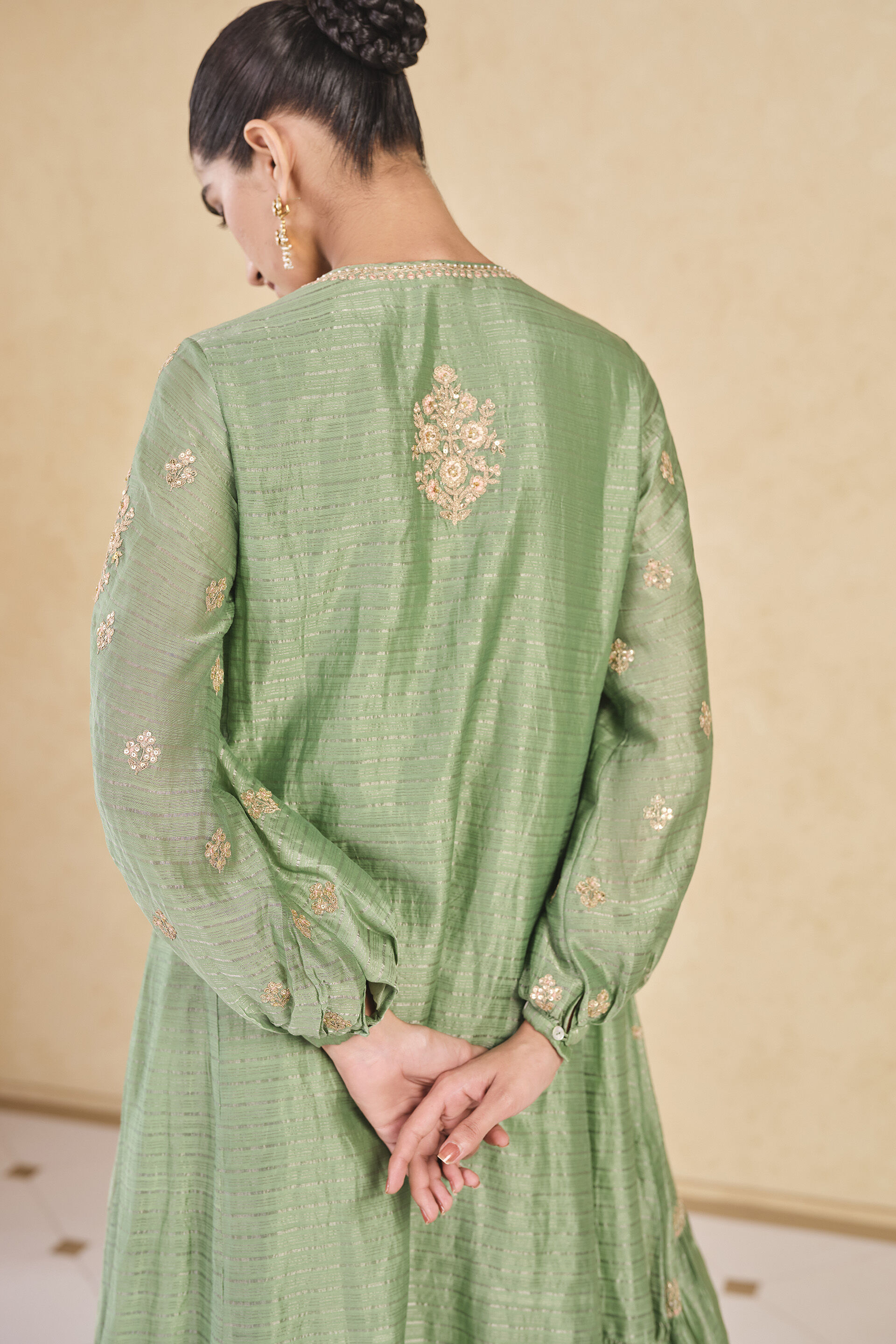 Molopo Embroidered Zardozi Mul Kaftan - Sage, Sage, image 5